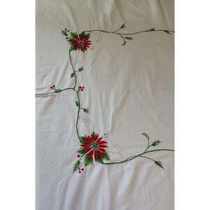 Embroidered Christmas Tablecloth Poinsettias Family Dinner Holiday 115x64 In SEE